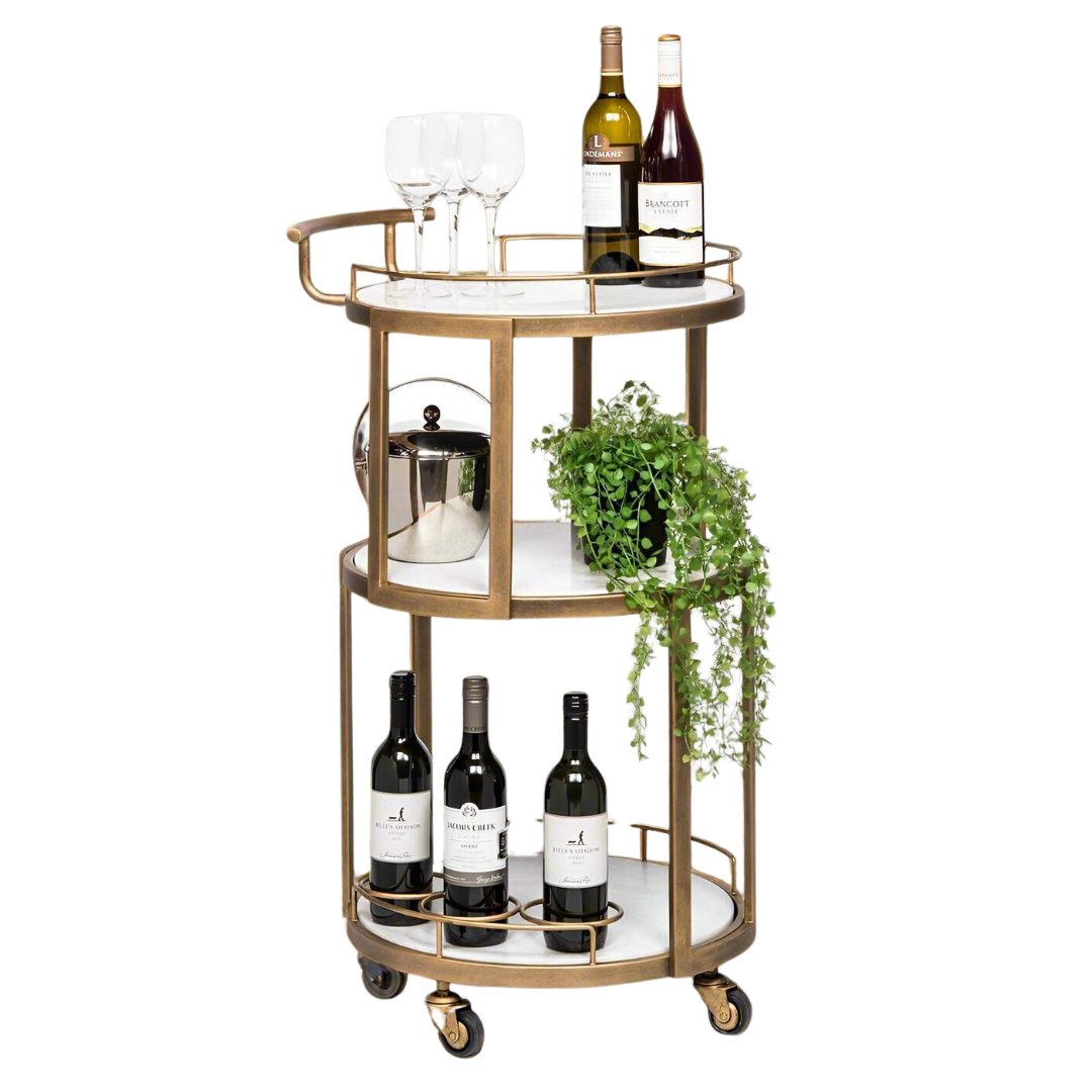 French Brass Round 3-tier White Marble Serving Drinks Trolley Bar Cart