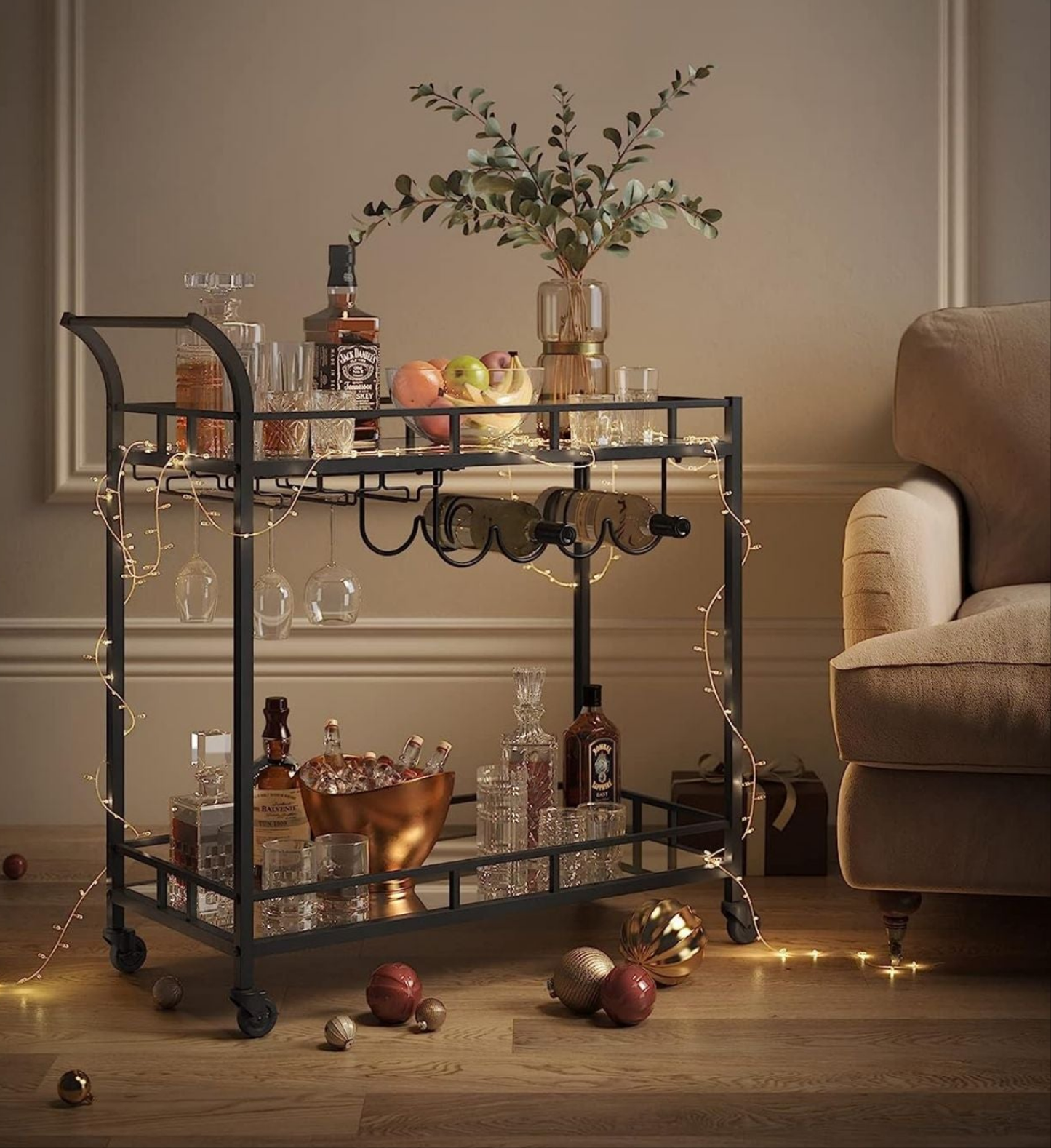 VASAGLE Bar Serving Wine Cart With Wheels And Wine Bottle Holders Black