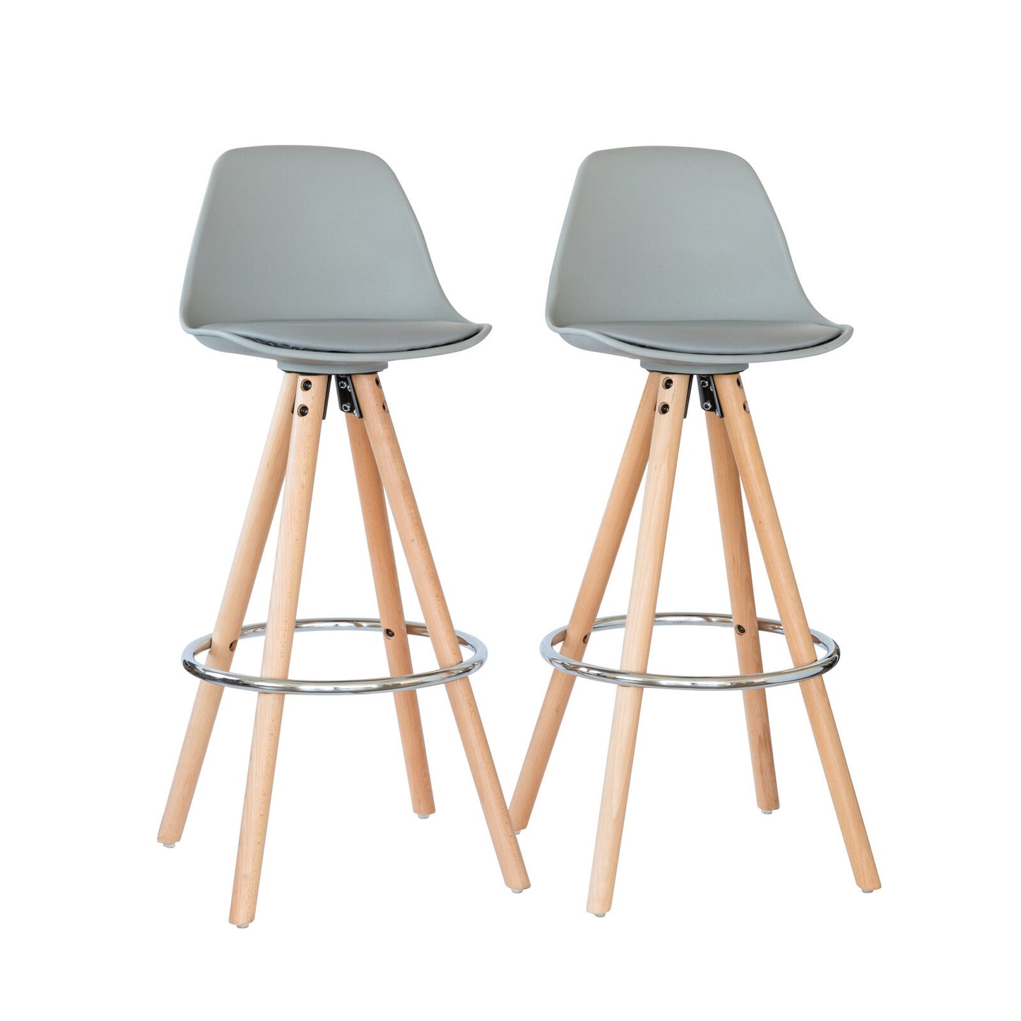 2 x Leather Padded Barstools (Light Grey/Wood) with Metal Footrest