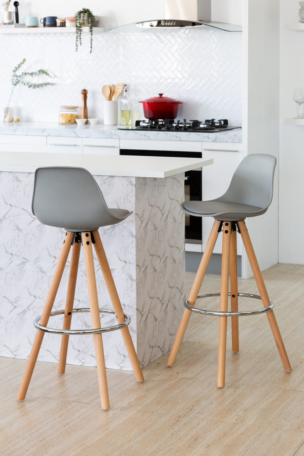 2 x Leather Padded Barstools (Light Grey/Wood) with Metal Footrest