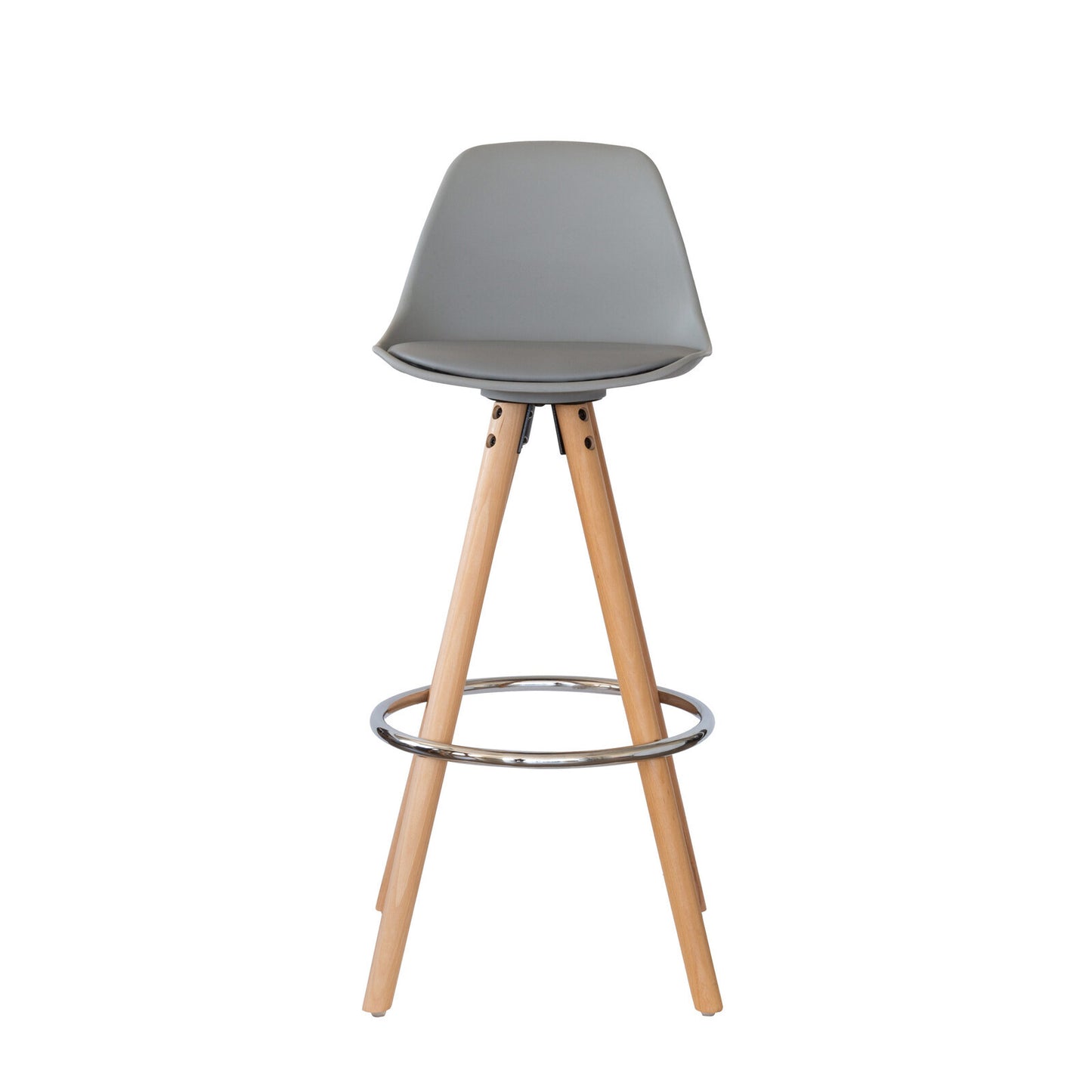 2 x Leather Padded Barstools (Light Grey/Wood) with Metal Footrest