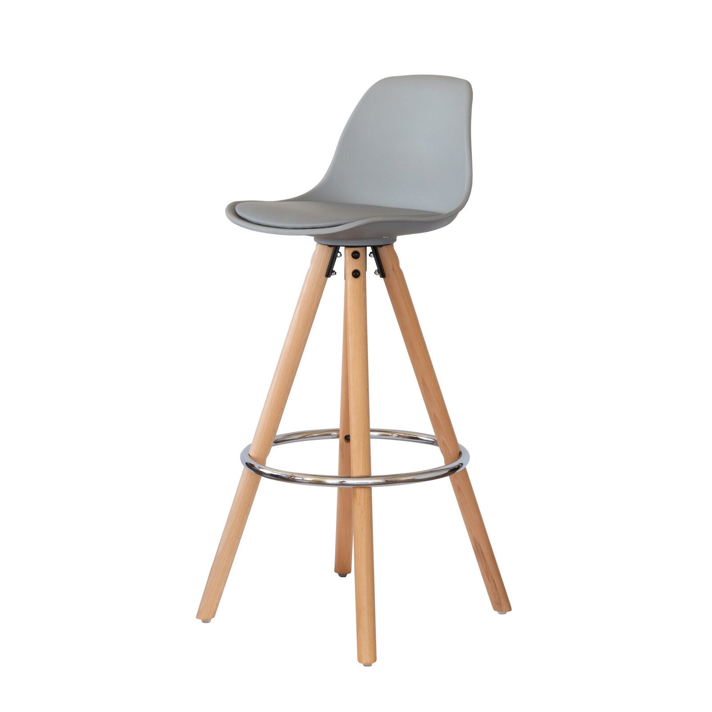 2 x Leather Padded Barstools (Light Grey/Wood) with Metal Footrest
