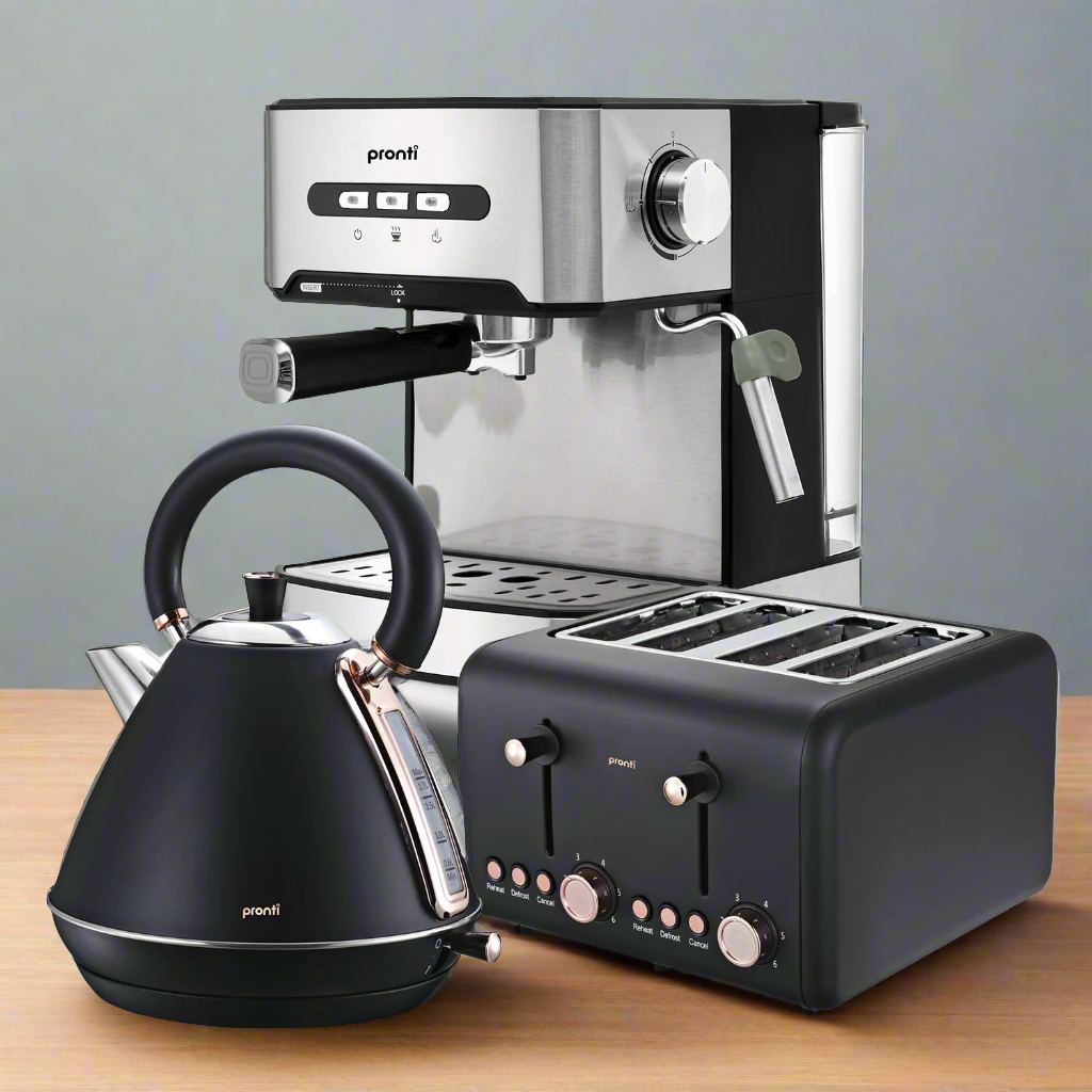 Pronti Toaster, Kettle & Coffee Machine Breakfast Set - Black