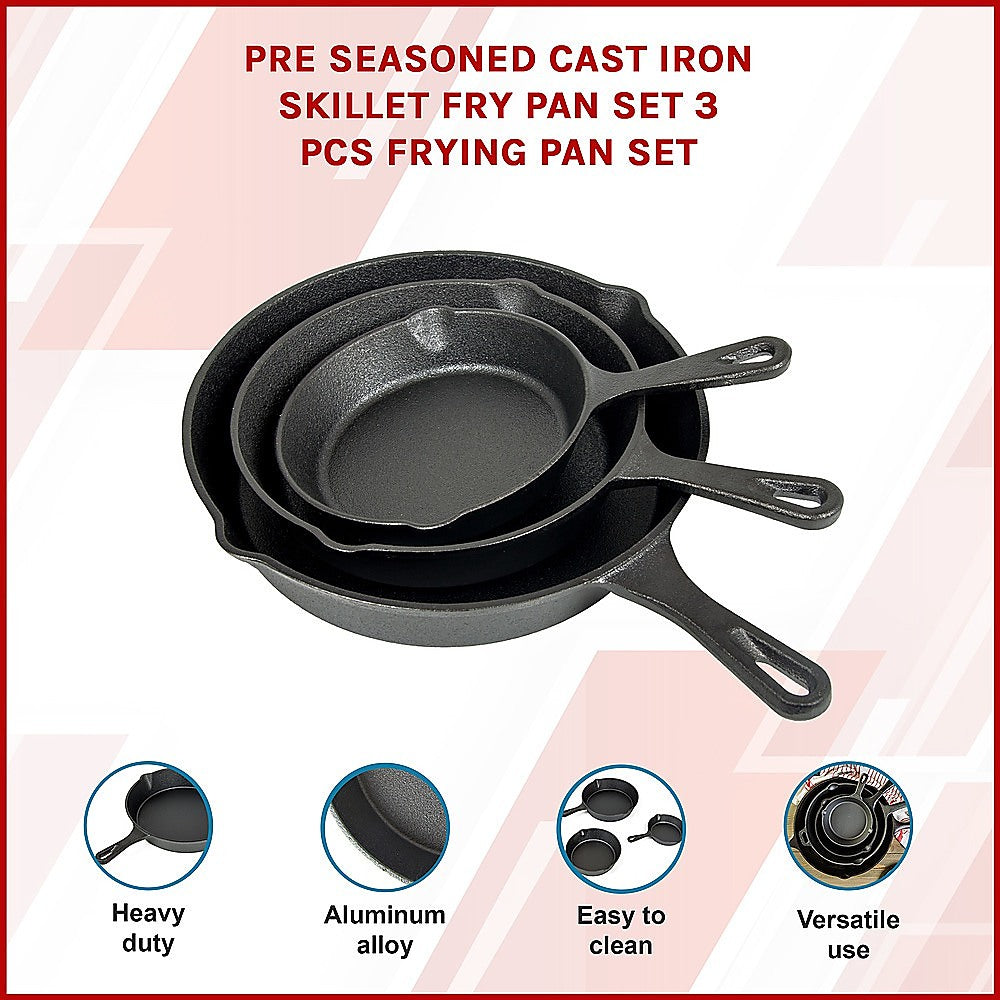 Pre Seasoned Cast Iron Skillet Fry Pan Set | 3 Pcs Frying Pan Set