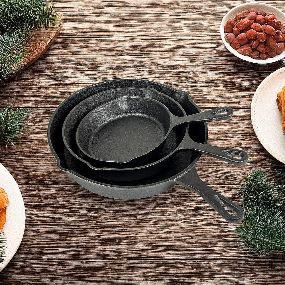 Pre Seasoned Cast Iron Skillet Fry Pan Set | 3 Pcs Frying Pan Set