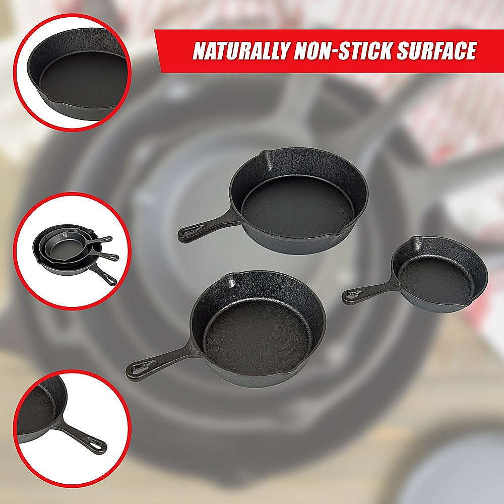 Pre Seasoned Cast Iron Skillet Fry Pan Set | 3 Pcs Frying Pan Set