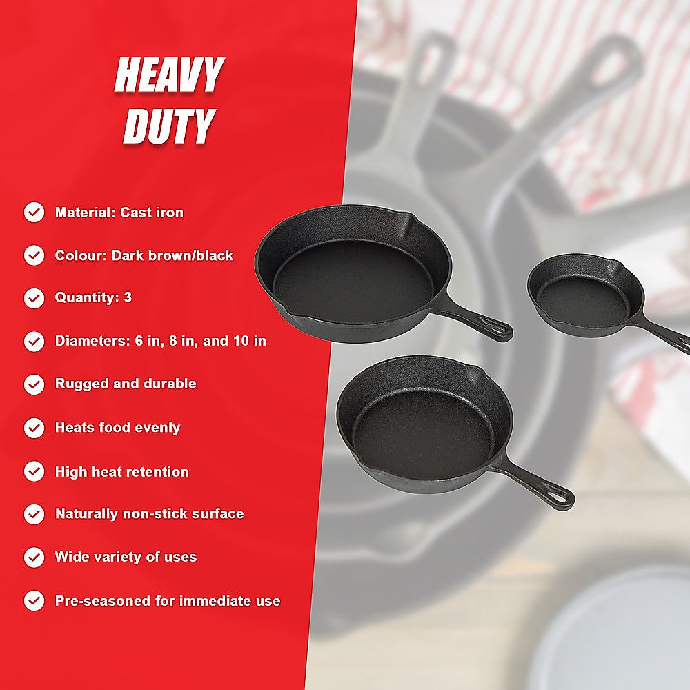 Pre Seasoned Cast Iron Skillet Fry Pan Set | 3 Pcs Frying Pan Set