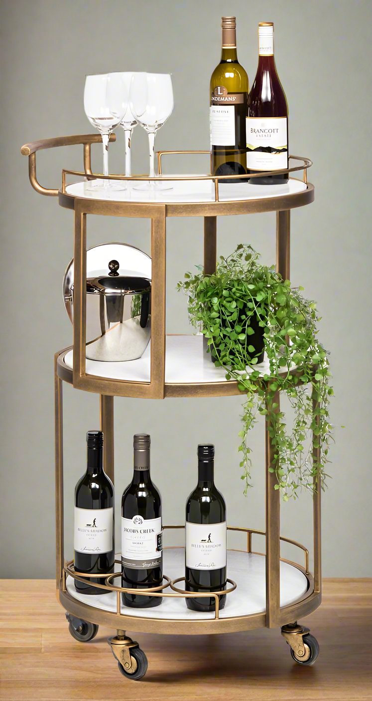 French Brass Round 3-tier White Marble Serving Drinks Trolley Bar Cart