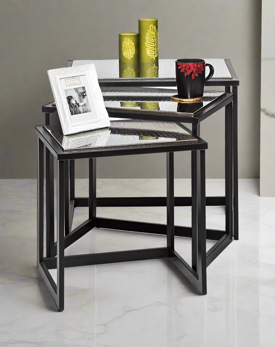 Black Iron Nested Tables with Stainless Steel Top in Set of 3