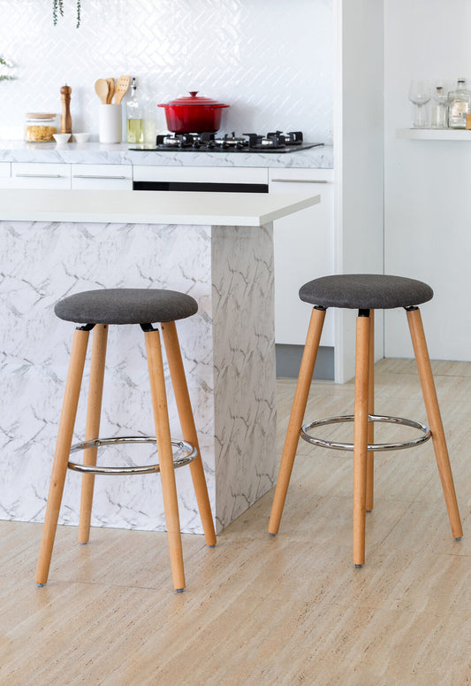 2 x Cotton/Steel Modern Padded Barstools (Grey/Wood)