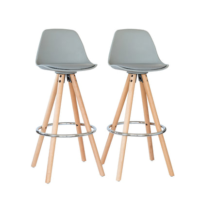 2 x Leather Padded Barstools (Light Grey/Wood) with Metal Footrest