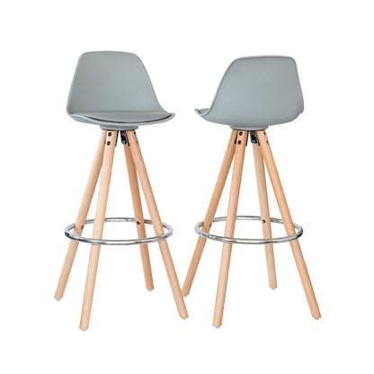 2 x Leather Padded Barstools (Light Grey/Wood) with Metal Footrest