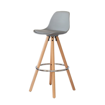 2 x Leather Padded Barstools (Light Grey/Wood) with Metal Footrest