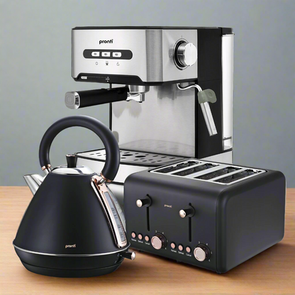 Pronti Toaster, Kettle & Coffee Machine Breakfast Set - Black