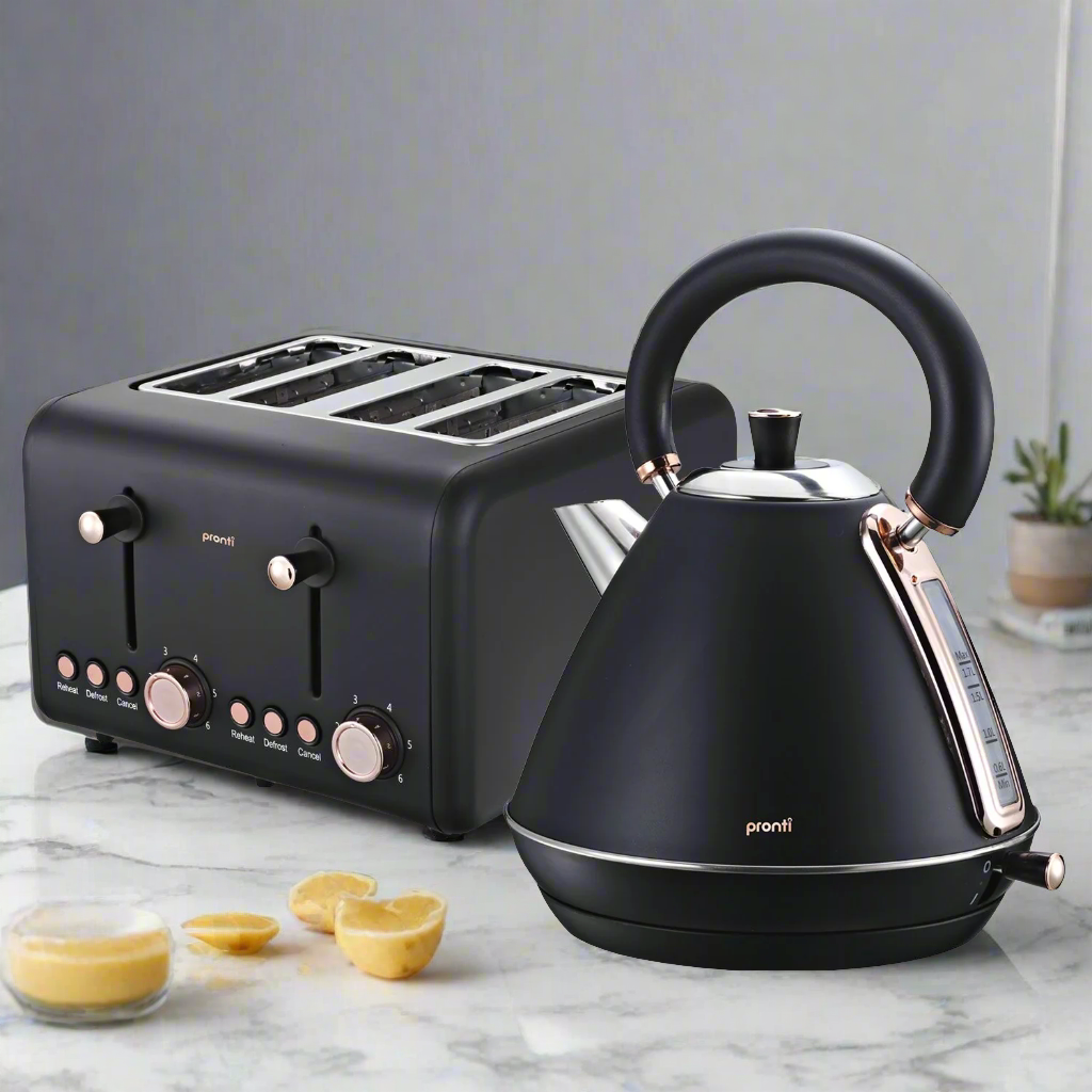 Pronti Rose Trim Collection Toaster & Kettle Bundle - Black