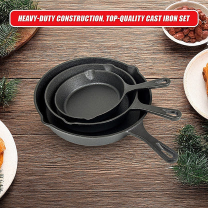 Pre Seasoned Cast Iron Skillet Fry Pan Set | 3 Pcs Frying Pan Set