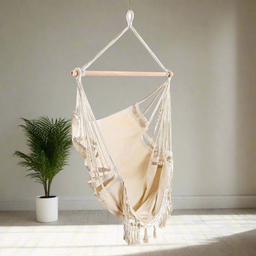Gardeon Hanging Hammock Chair Outdoor Swing Hammocks Tassel Cream