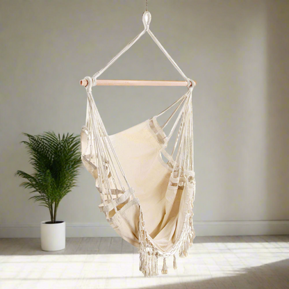 Gardeon Hanging Hammock Chair Outdoor Swing Hammocks Tassel Cream