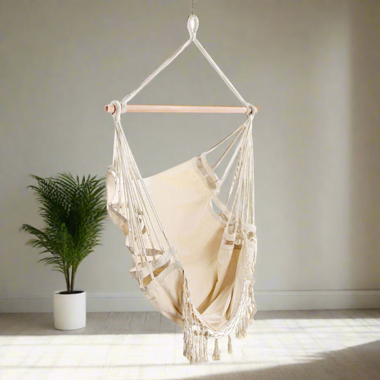 Gardeon Hanging Hammock Chair Outdoor Swing Hammocks Tassel Cream