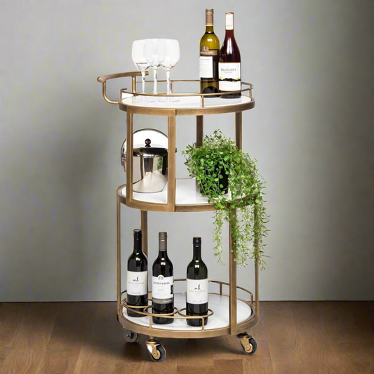 French Brass Round 3-tier White Marble Serving Drinks Trolley Bar Cart