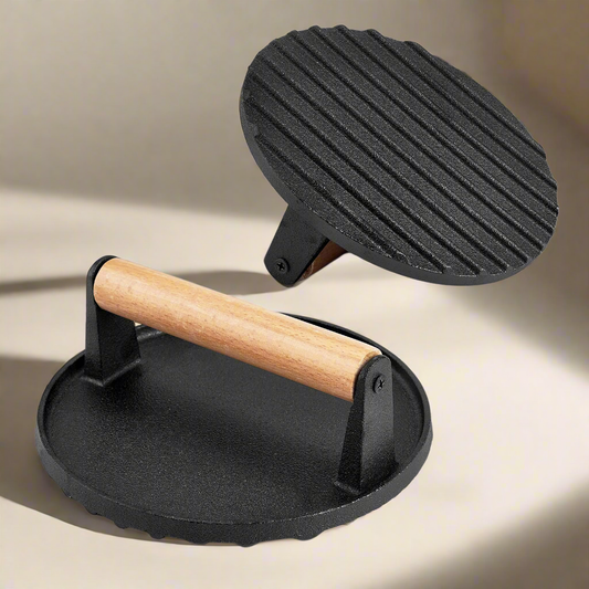 Heavy Duty Round Cast Iron Grill Burger Press Pre-Seasoned Steak Griddle BBQ Grilling