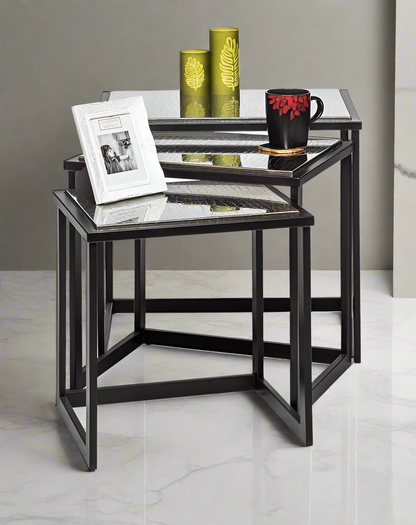Black Iron Nested Tables with Stainless Steel Top in Set of 3