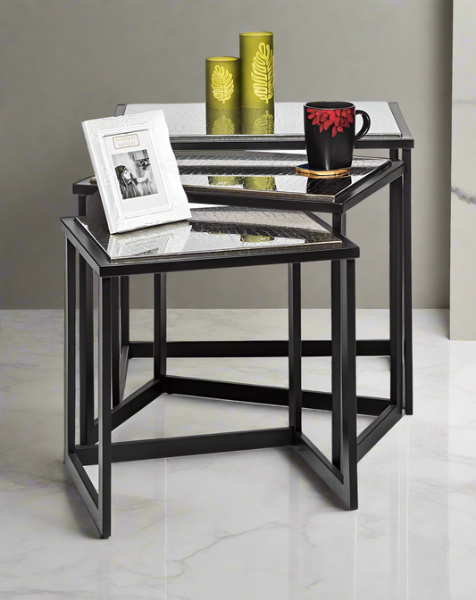 Black Iron Nested Tables with Stainless Steel Top in Set of 3