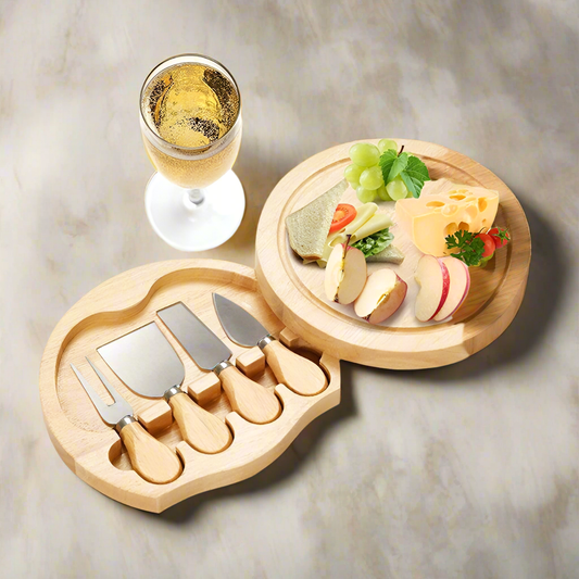 Minnie Bamboo Cheese Charcuterie Board and Knife Set 5 piece Round 22cm Free Delivery