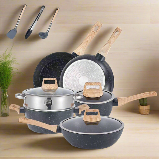YEJ 12-Piece Non-Stick Complete Cookware Set | Pots, Pans & Utensils  (Black)