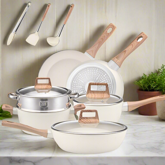 YEJ 12-Piece Non-Stick Complete Cookware Set | Pots, Pans & Utensils  (White)
