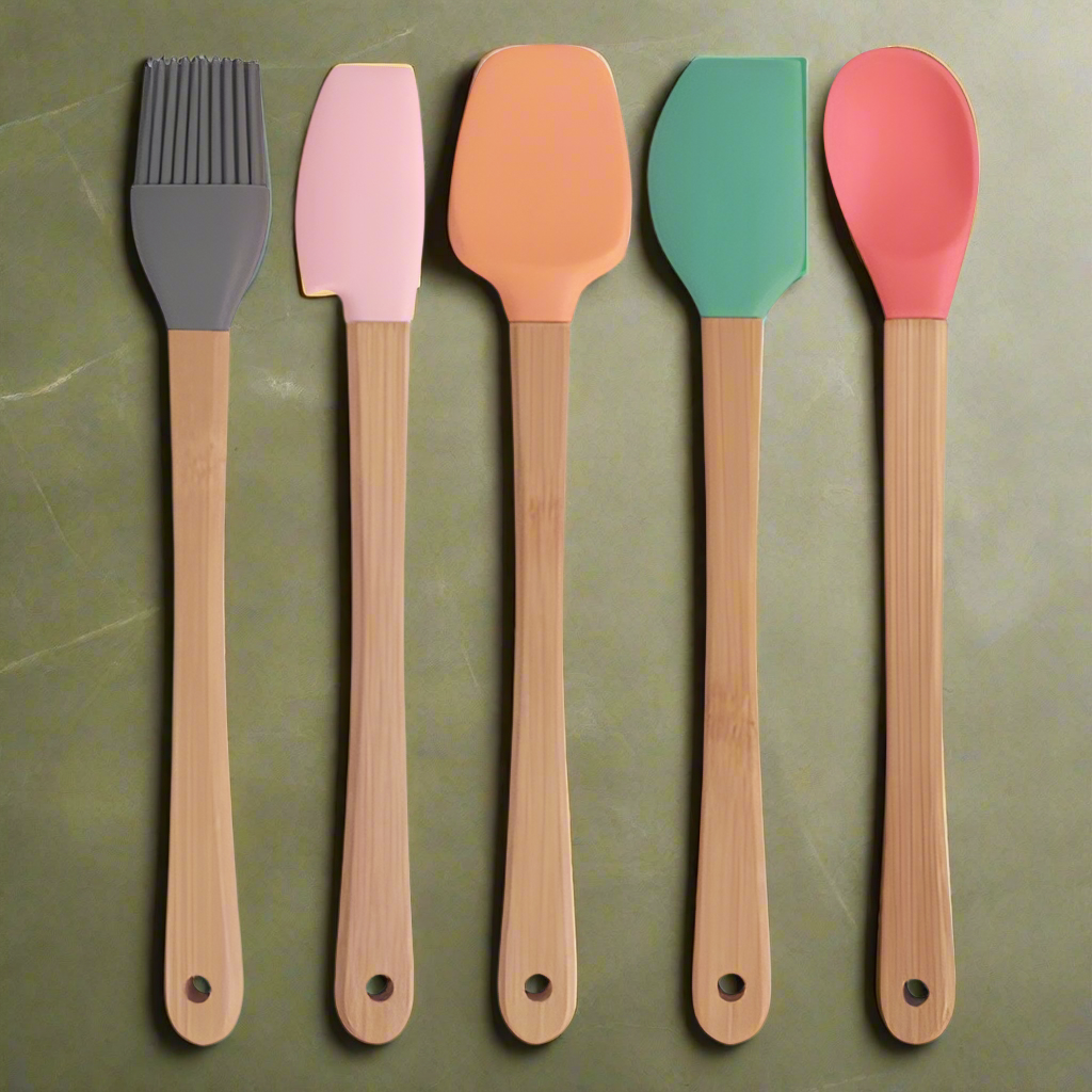 5pc Mini Silicone and Bamboo Utensils Set Nonstick Cookware