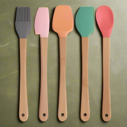 5pc Mini Silicone and Bamboo Utensils Set Nonstick Cookware